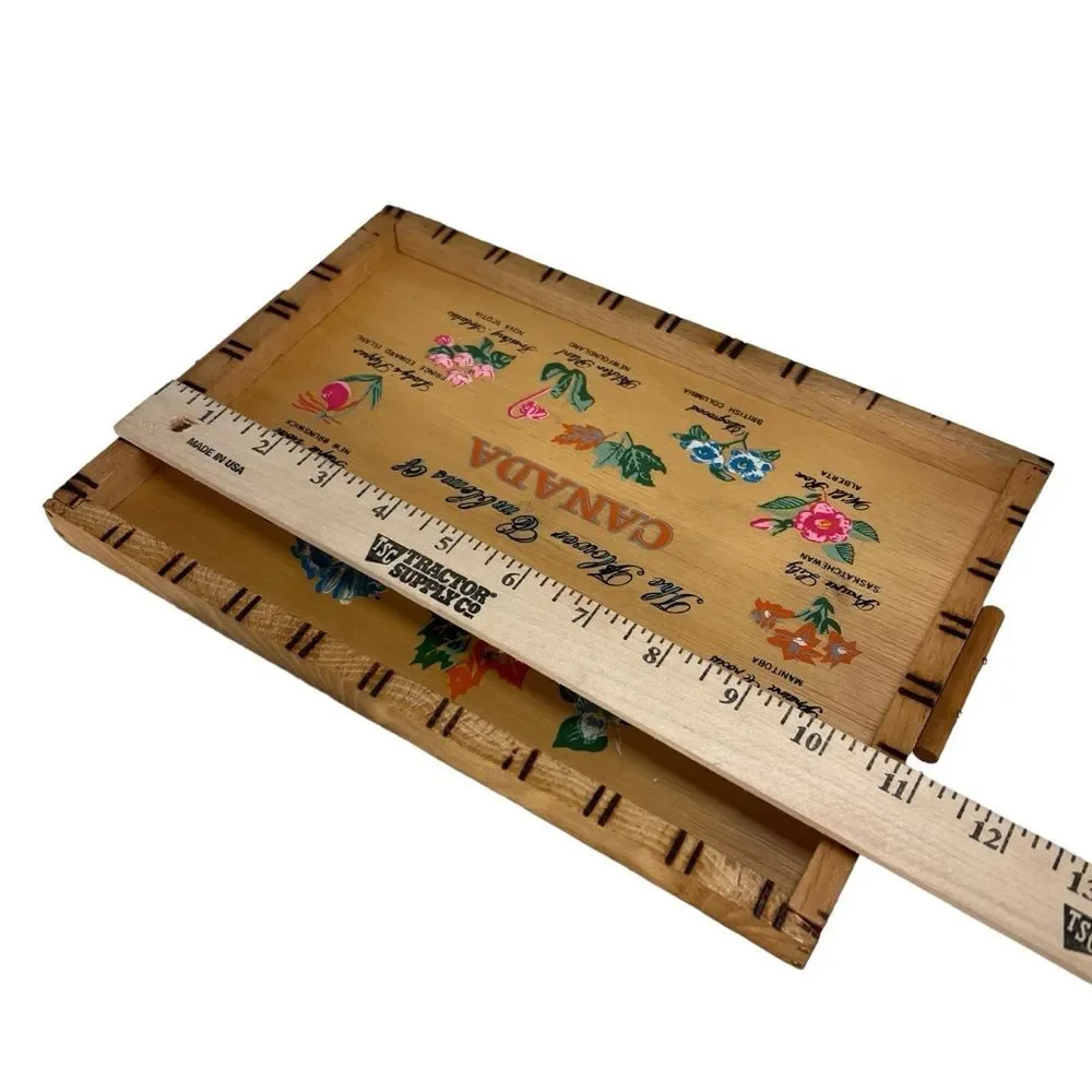 Vintage New Canadian Wooden Serving Tray and 6 Coasters Flowers Souvenir